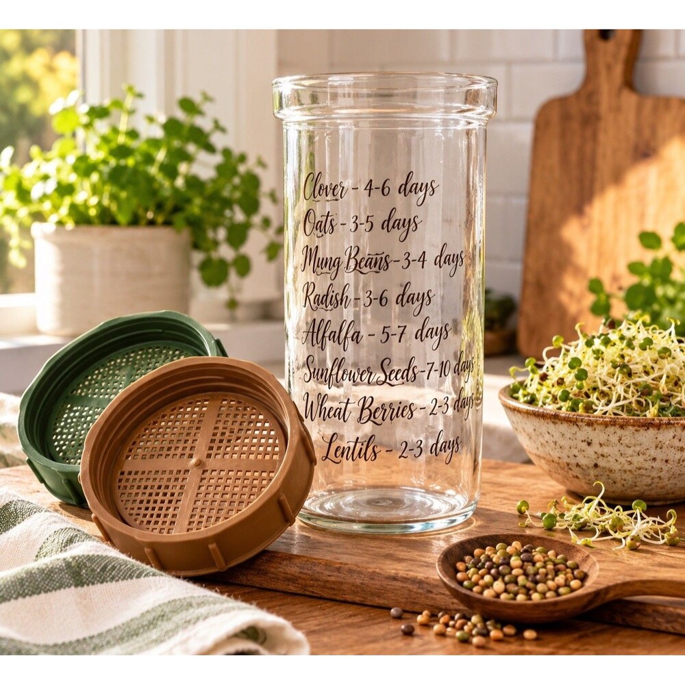 Vintage Corning Ware The Sprout Farm Pyrex Seed Sprouter Jar #5200 Strainer Lids